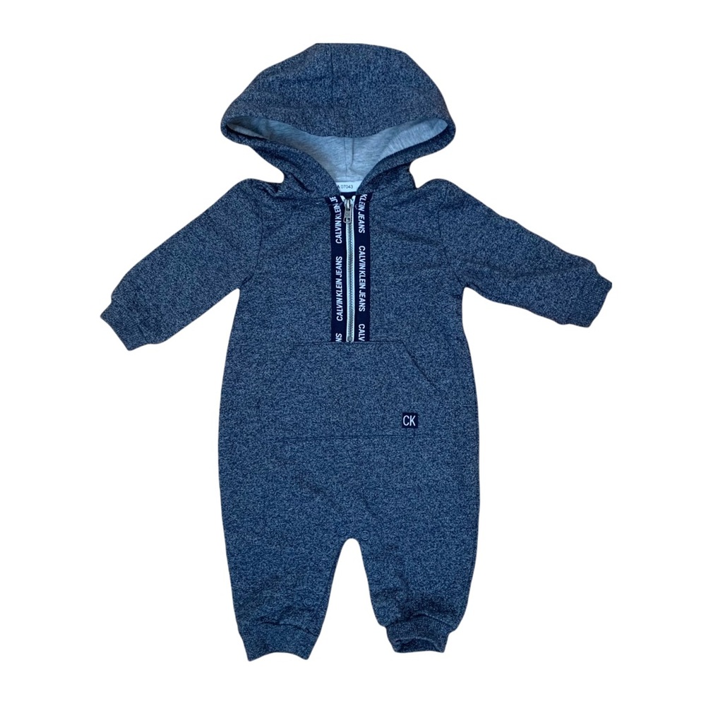 Calvin Klein Jeans Navy Onesie Romper Hood Zip Up Logo Baby Size 0-3M